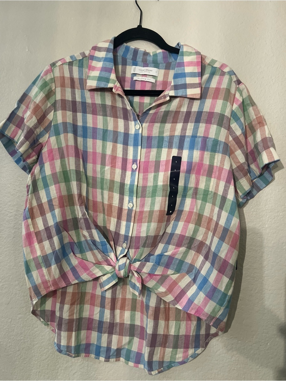 Lucky Brand Pastel Plaid Button-Front Tie Shirt.Classic Fit